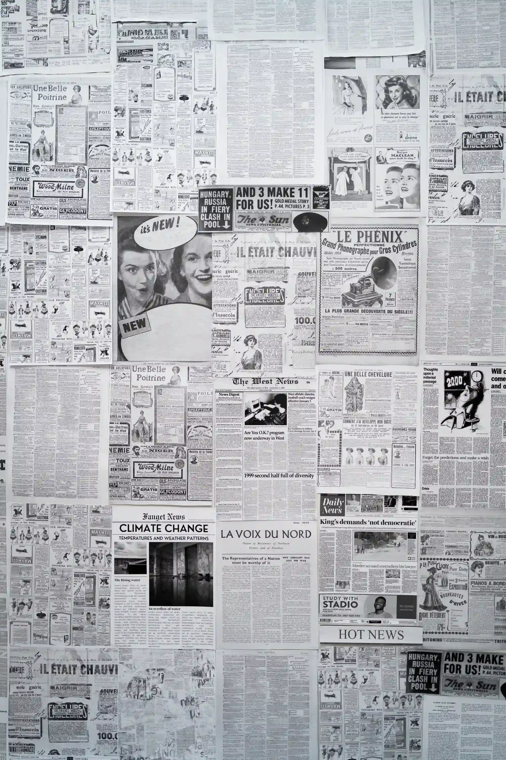 Newpaper plastered on the wall as a background
